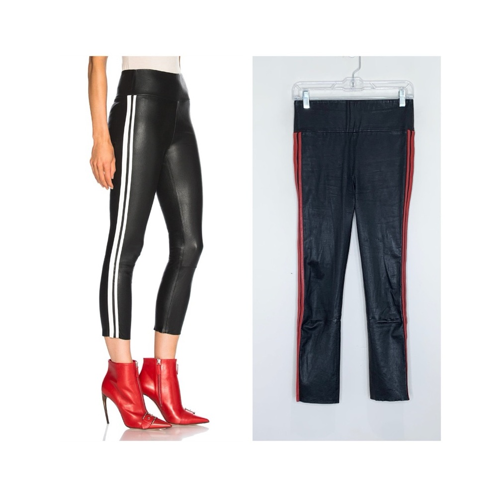 SPRWMN Athletic Stripe Capri Leather Leggings (Sz S) High Rise Crop Black Red